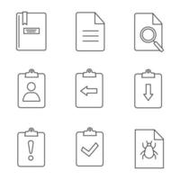 UI UX linear icons set. Assignment late, turned in, bug report, notepad, file, find in page, clipboard with left and right arrows, cv. Thin line contour symbols. Isolated vector outline illustrations