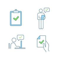 Approve color icons set. Verification and validation. Clipboard with check mark, person checking document, contract signing, approval chat. Isolated vector illustrations