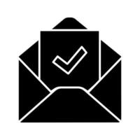 icono de glifo de confirmación de correo electrónico. respuesta de aprobación por correo electrónico. carta de contratación. correo electrónico con marca de verificación. carta de verificación de empleo. símbolo de la silueta. espacio negativo. ilustración vectorial aislada vector