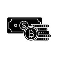 Bitcoin coins stack and dollar banknote glyph icon. Cryptocurrency investment. Savings. Digital money deposit. Silhouette symbol. Negative space. Vector isolated illustration