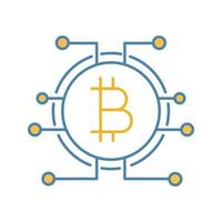 Bitcoin color icon. Virtual currency. Online banking. Bitcoin payment. Contour symbol. Microchip pathways with coin inside. Isolated vector illustration