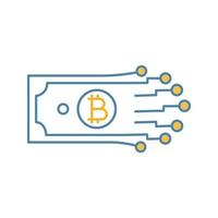 Digital money color icon. Bitcoin. Cryptocurrency. E-payment. Paper money with chipset pathway. Crypto currency. E-money. Isolated vector illustration