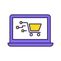 Payment system technology color icon. E-payment. Online shopping. Laptop display with shopping cart. Digital purchase. Isolated vector illustration