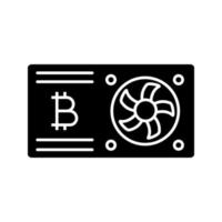 Bitcoin mining graphic card glyph icon. Silhouette symbol. Video card for crypto business. Cryptocurrency gpu mining farm. Negative space. Vector isolated illustration