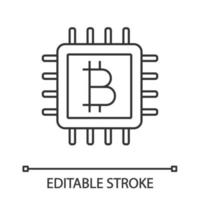 CPU mining linear icon. Cryptocurrency mining hardware. Thin line illustration. Bitcoin sign inside microchip. Digital money. Contour symbol. Vector isolated outline drawing. Editable stroke