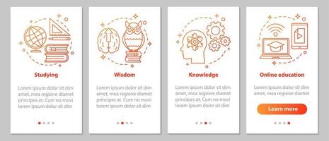 Gaining knowledge onboarding mobile app page screen with linear concepts. Studying process. Education steps graphic instructions. UX, UI, GUI vector template with illustrations