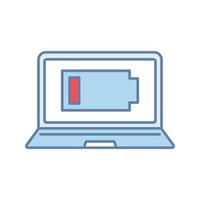 Discharged laptop color icon. Computer low battery. Notebook battery level indicator. Isolated vector illustration