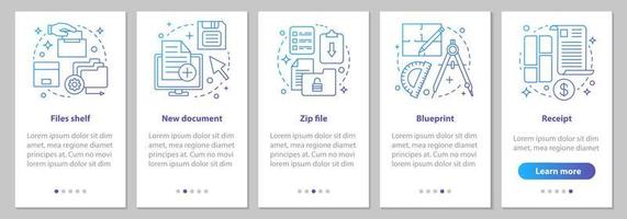 pantalla de la página de la aplicación móvil de incorporación de big data con conceptos lineales. almacenamiento de archivos, documento nuevo, archivo zip, plano, pasos de recibo, instrucciones gráficas. ux, ui, plantilla de vector de interfaz gráfica de usuario con ilustraciones