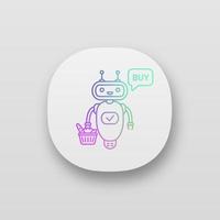 Online customer service chatbot app icon. UI UX user interface. Talkbot with grocery basket says buy. Modern robot. Virtual shopping assistant. Web or mobile application. Vector isolated illustration