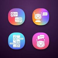 Chatbots app icons set. UI UX user interface. Virtual assistants. Messenger and chat bots. Modern robots. Smartphone and laptop chatterbots. Web or mobile applications. Vector isolated illustrations