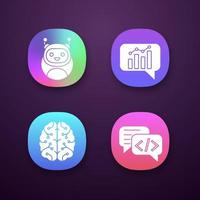 Chatbots app icons set. UI UX user interface. Virtual assistants. Code, statistics, support chat bots. Modern robots. Digital brain. AI. Web or mobile applications. Vector isolated illustrations