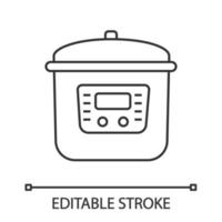 Multi cooker linear icon. Slow cooker. Thin line illustration. Crock pot. Pressure multicooker. Kitchen appliance. Contour symbol. Vector isolated outline drawing. Editable stroke