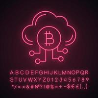 Cryptocurrency cloud mining service neon light icon. Bitcoin crypto mining. Cryptocurrency business. Cloud with bitcoin. Glowing sign with alphabet, numbers and symbols. Vector isolated illustration