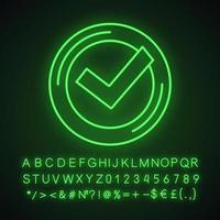 Checkmark neon light icon. Successfully tested. Tick mark. Glowing sign with alphabet, numbers and symbols. Quality assurance. Verification and validation. Quality badge. Vector isolated illustration