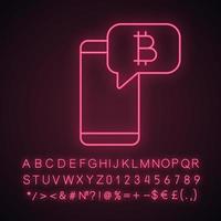 icono de luz de neón de chat de bitcoin. foro de criptomonedas. teléfono inteligente con signo de bitcoin dentro de la burbuja del habla. noticias de criptomonedas. signo brillante con alfabeto, número y símbolo. ilustración vectorial aislada vector