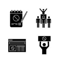 Protest action glyph icons set. Petition, protest leader, social movement, political internet news. Silhouette symbols. Vector isolated illustration