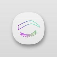 icono de aplicación de forma de ceja arqueada empinada. cejas suaves en ángulo. moldear las cejas con tatuajes. ojo de mujer cerrado. interfaz de usuario ui ux. aplicación web o móvil. vector ilustración aislada