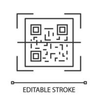 QR code scanning linear icon. 2D code reading app. Thin line illustration. Matrix barcode scanner. Two-dimensional barcode. Contour symbol. Vector isolated outline drawing. Editable stroke