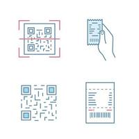 Barcodes color icons set. QR code scanning, paper receipt in hand, matrix barcode, paper check. Isolated vector illustrations