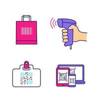 Brcodes color icons set. QR code identification card, handheld barcode scanner, shopping bag, QR codes on different devices. Isolated vector illustrations