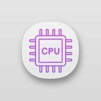 CPU app icon. UI UX user interface. Electronic microchip, chipset, chip. Central processing unit. Computer, phone processor. Integrated circuit. Web or mobile application. Vector isolated illustration