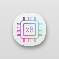 Octa core processor app icon. Eight core microprocessor. Microchip, chipset. CPU. Central processing unit. Multi-core processor. Integrated circuit. UI UX interface. Vector isolated illustration