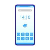 Smartphone home screen vector template. Mobile interface blue design layout. Cellphone desktop settings. Flat UI. Navigation screen. Phone display with app icons and buttons