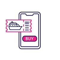 Cruise tickets buying color icon. Online cruise deal, discounts. Shore excursions, tours booking with smartphone. Mobile payment. Isolated vector illustration