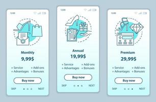 Stylist services prices onboarding mobile app screens template. Walkthrough website pages. Shopping discounts. Tariff plans steps. Smartphone payment web page layout vector