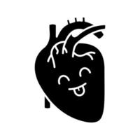 Smiling human heart anatomy glyph icon. Cardiovascular system health. Healthy internal organ. Silhouette symbol. Negative space. Vector isolated illustration