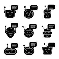 Chatbots messages glyph icons set. Talkbots. Laughing virtual assistants. Conversational agents. Modern robots. Silhouette symbols. Vector isolated illustration