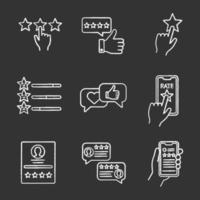 Rating chalk icons set. Customer feedback and review, app rating, favorite, likes and comments, scale. Isolated vector chalkboard illustrations