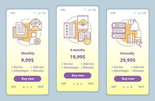 Digital library onboarding mobile app screens with service prices. Walkthrough website pages templates. E-library tariff plans steps. E-books costs. Payment smartphone web page layout vector