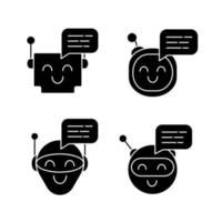 Chatbots messages glyph icons set. Talkbots. Laughing virtual assistants. Conversational agents. Modern robots. Silhouette symbols. Vector isolated illustration