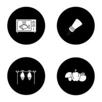 Barbecue glyph icons set. BBQ. Grilled fish in microwave, salt or pepper shaker, vegetables, stockfish. Vector white silhouettes illustrations in black circles