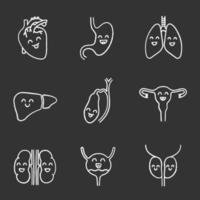 Smiling human internal organs chalk icons set. Respiratory, urinary, reproductive, digestive systems health. Isolated vector chalkboard illustrations