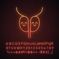 Smiling prostate gland neon light icon. Men s health. Male reproductive system health. Glowing sign with alphabet, numbers and symbols. Vector isolated illustration