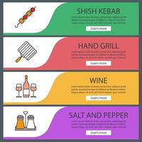 Barbecue web banner templates set. Website color menu items. BBQ. Shish kebab, hand grill, wine, salt and pepper shakers. Vector headers design concepts