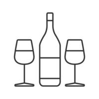 Wine and two glasses linear icon. Thin line illustration. Champagne. Contour symbol. Vector isolated drawing