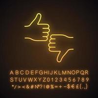 Likes and dislikes neon light icon. Positive, negative feedback. Reviews. Thumbs up and down hand gesture. Glowing sign with alphabet, numbers and symbols. Vector isolated illustration