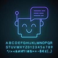 Chatbot message neon light icon. Talkbot. Modern robot. Square head laughing chat bot. Virtual assistant. Conversational agent. Glowing alphabet, numbers and symbols. Vector isolated illustration