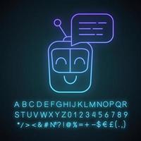 Chatbot message neon light icon. Talkbot. Modern robot. Square head laughing chat bot. Virtual assistant. Conversational agent. Glowing sign with alphabet, numbers. Vector isolated illustration