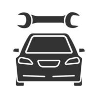 Car with spanner glyph icon. Auto workshop. Repair service. Silhouette symbol. Negative space. Vector isolated illustration