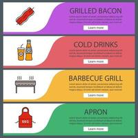 Barbecue web banner templates set. Website color menu items. BBQ. Bacon on skewer, cold drinks, grill, apron. Vector headers design concepts