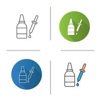 Eye drops and dropper icon. Flat design, linear and color styles. Liquid bottle. Isolated vector illustrations