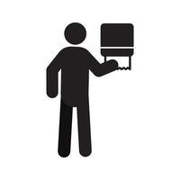 Man using paper towel dispenser silhouette icon. Wiping hands at public toilet. Isolated vector illustration