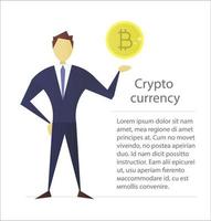 Man holding bitcoin flat character design. Businessman, analyst, economist, financier, marketer, manager. Successful and confident person. Vector isolated illustration