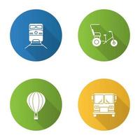 Public transport flat design long shadow glyph icons set. Modes of transport. Train, cycle rickshaw, hot air balloon, bus. Vector silhouette illustration