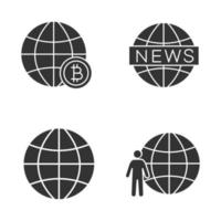 Worldwide glyph icons set. Global bitcoin, Earth, newscast, planet population. Silhouette symbols. Vector isolated illustration