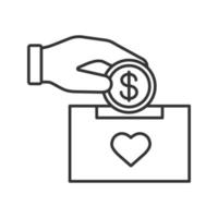 Donation box linear icon. Moneybox. Thin line illustration. Fundraising. Donate money to charity. Hand dropping dollar coin into donation box. Contour symbol. Vector isolated outline drawing